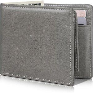 Men's Classic Bifold Wallet Card Gray Style Genuine Leather 2 Cash Pockets
